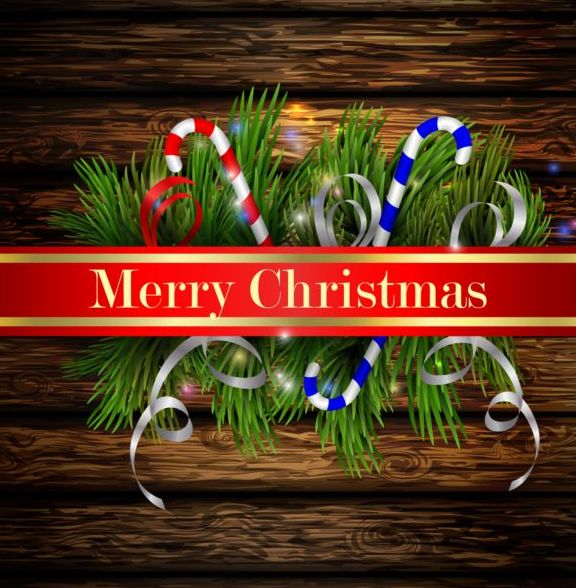 Merry christmas greeting card with wood background vector 12