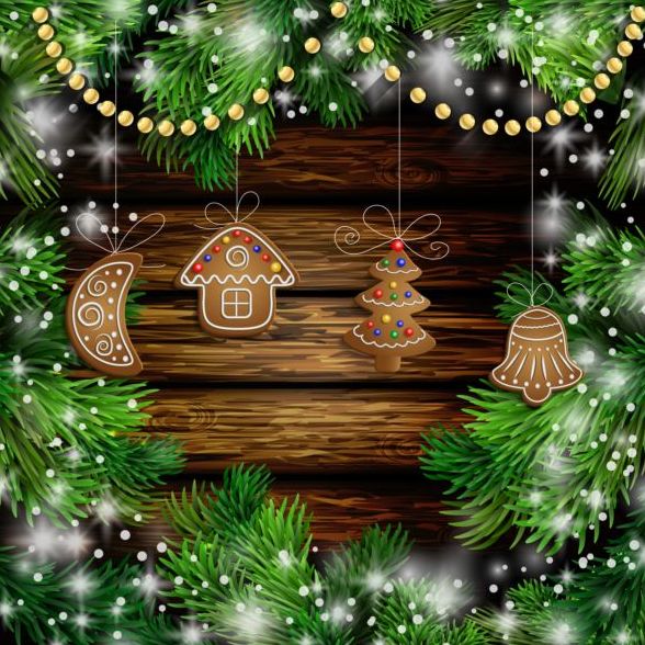 Merry christmas greeting card with wood background vector 15