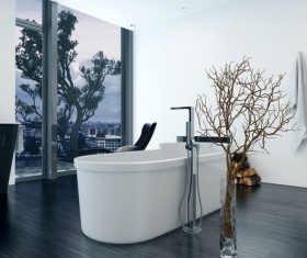Modern bathroom and a tree outside the window Stock Photo
