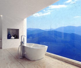 Modern bathroom with natural views out the window Stock Photo