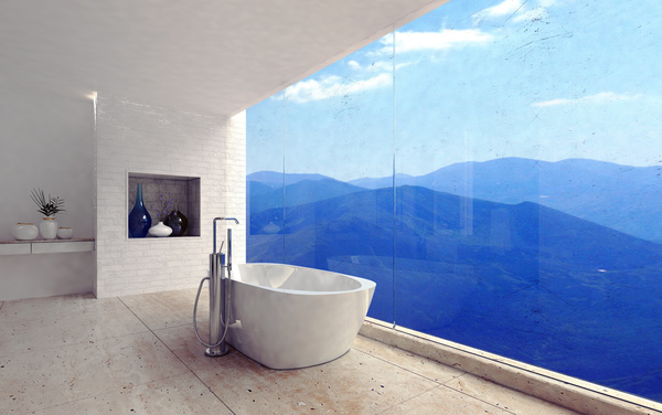 Modern bathroom with natural views out the window Stock Photo