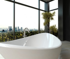 Modern bathroom with out-of-window building Stock Photo