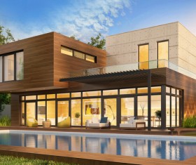 Modern wooden luxury villas with swimming pool Stock Photo