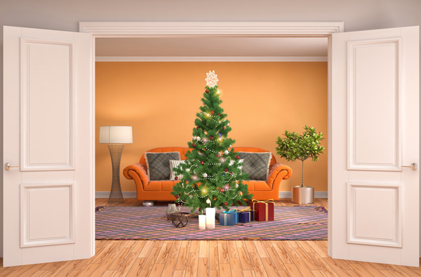 Orange background with sofa and Christmas tree HD picture