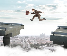 People across the bridge and sky background