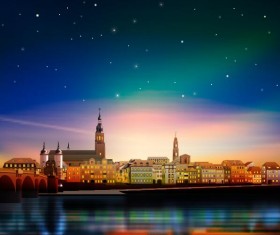 Pink sunset background with panorama vector