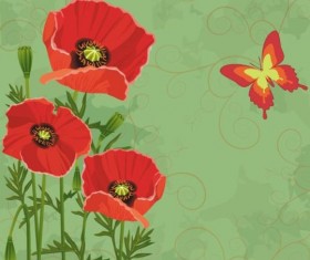 Poppies and butterfly with green grunge background vector