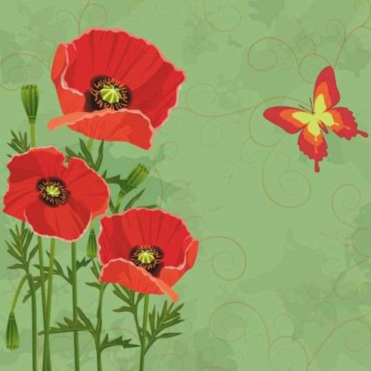 Poppies and butterfly with green grunge background vector