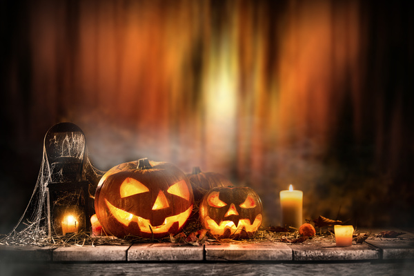 Pumpkin on old wooden table flame background Stock Photo 04