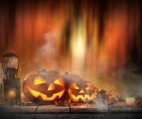 Pumpkin on old wooden table flame background Stock Photo 05