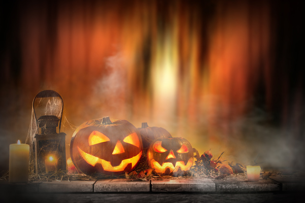 Pumpkin on old wooden table flame background Stock Photo 05