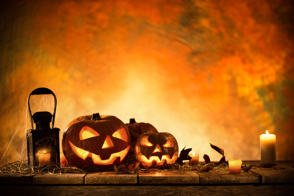 Pumpkin on old wooden table flame background Stock Photo 07