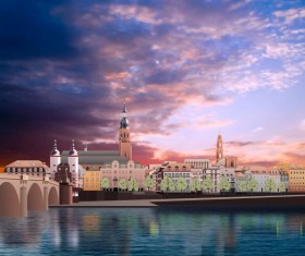 Purple sunset background with panorama vector