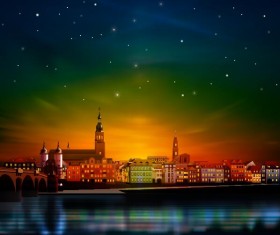 Red green sunset background with panorama vector