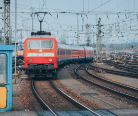 Red tram stop slowly Stock Photo