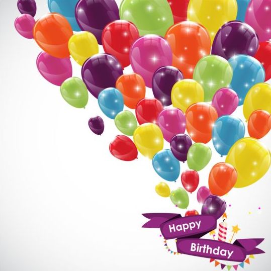 Ribbon birthday banner with colorful balloons vector 02