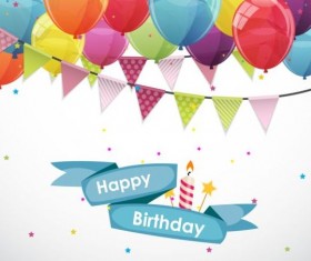 Ribbon birthday banner with colorful balloons vector 03