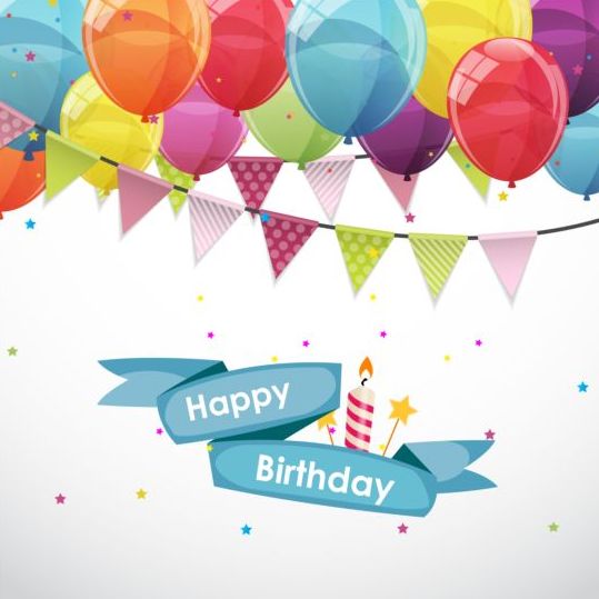 Ribbon birthday banner with colorful balloons vector 03