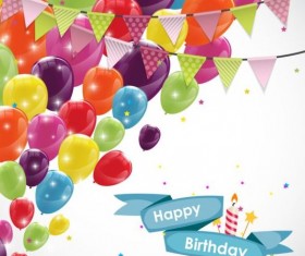 Ribbon birthday banner with colorful balloons vector 04