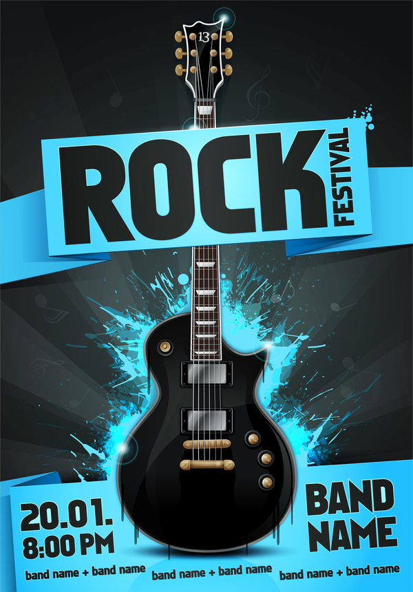 Rock festival party poster with guitar vector 01