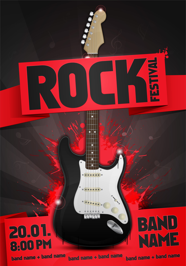 Rock festival party poster with guitar vector 02