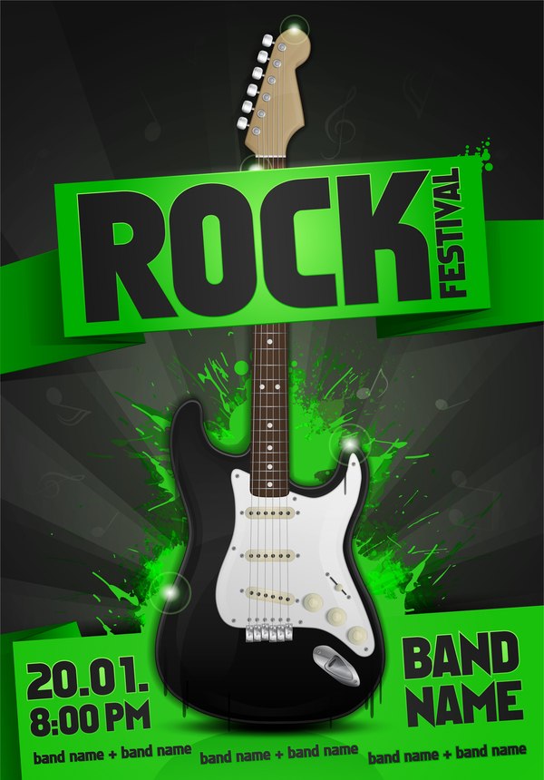 Rock festival party poster with guitar vector 03