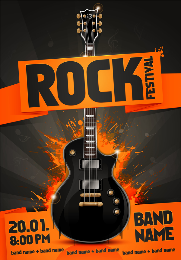 Rock festival party poster with guitar vector 04