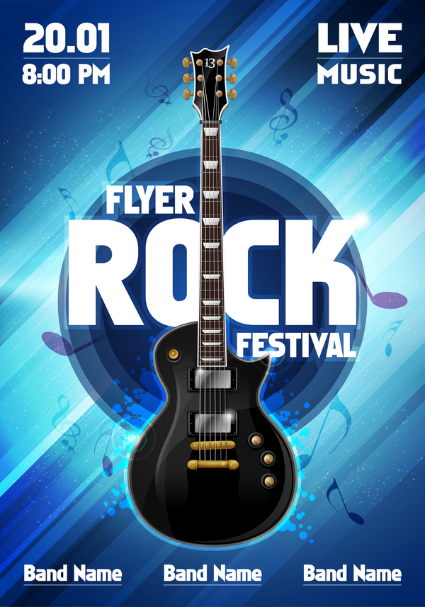 Rock festival party poster with guitar vector 07