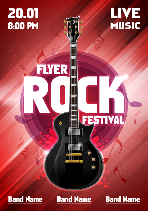 Rock festival party poster with guitar vector 09