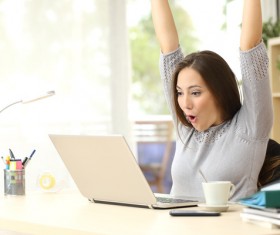 See the results exclaimed young beautiful woman Stock Photo