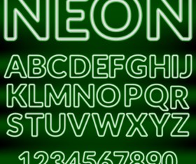 Shiny green neon alphabet and number vector