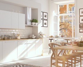 Simple white kitchen with panoramic views Stock Photo