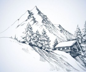 Snow mountains winter Landscape hand drawn vector 01