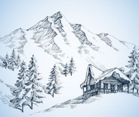 Snow mountains winter Landscape hand drawn vector 02