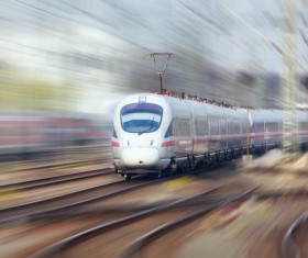 Speeding the white tram train Stock Photo