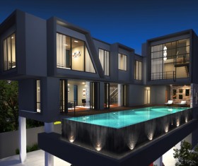 Stock Photo Swimming pool and modern luxury holiday villa