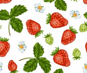 Strawberries with green leaves and flower pattern seamless vector 01