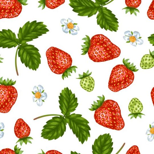 Strawberries with green leaves and flower pattern seamless vector 01