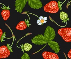 Strawberries with green leaves and flower pattern seamless vector 02