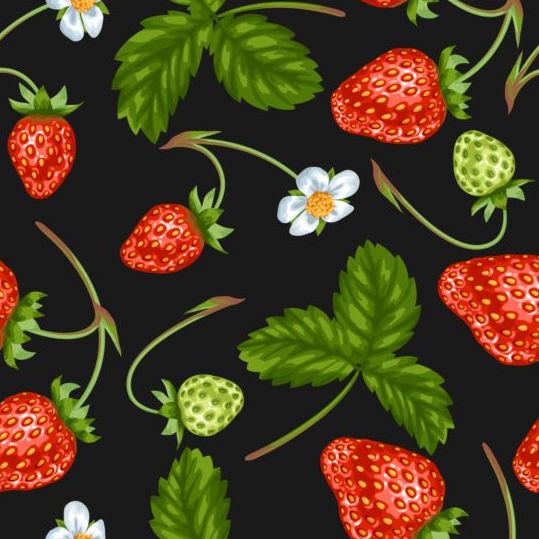 Strawberries with green leaves and flower pattern seamless vector 02