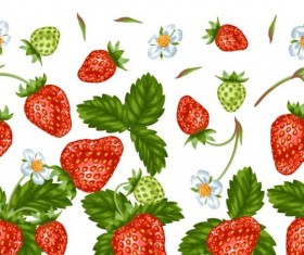 Strawberries with green leaves and flower pattern seamless vector 03