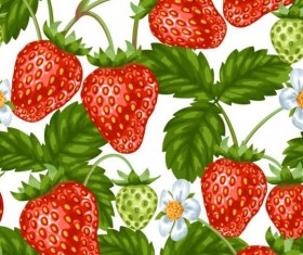 Strawberries with green leaves and flower pattern seamless vector 04