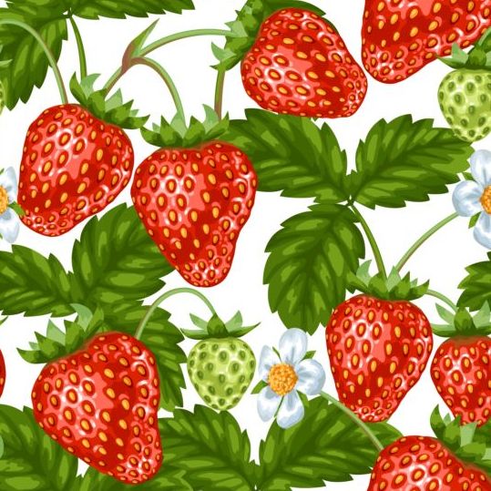 Strawberries with green leaves and flower pattern seamless vector 04