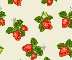 Strawberries with green leaves and flower pattern seamless vector 05