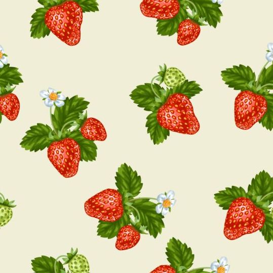 Strawberries with green leaves and flower pattern seamless vector 05