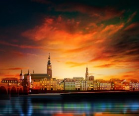 Sunset with panorama and red clouds vector background