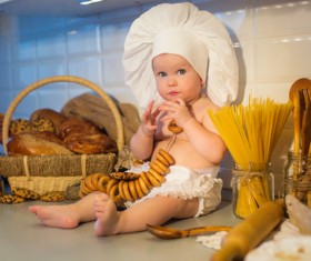 The cook costume Baby food Stock Photo