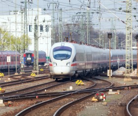 Tram stop slowly Stock Photo