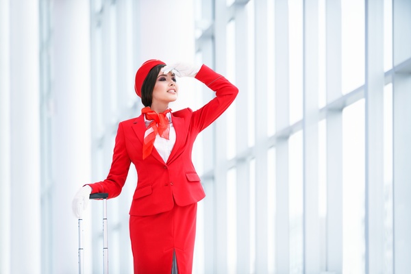 Waiting in the forehead of the waiting room stewardess Stock Photo