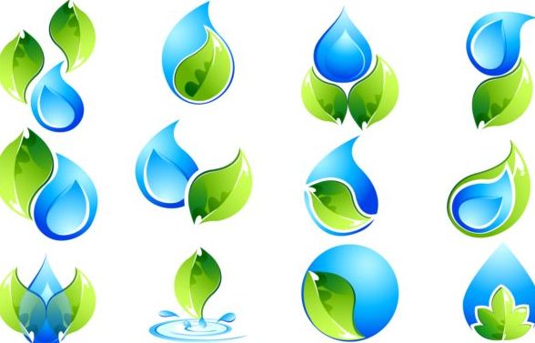 Water with green leaves logos set vector